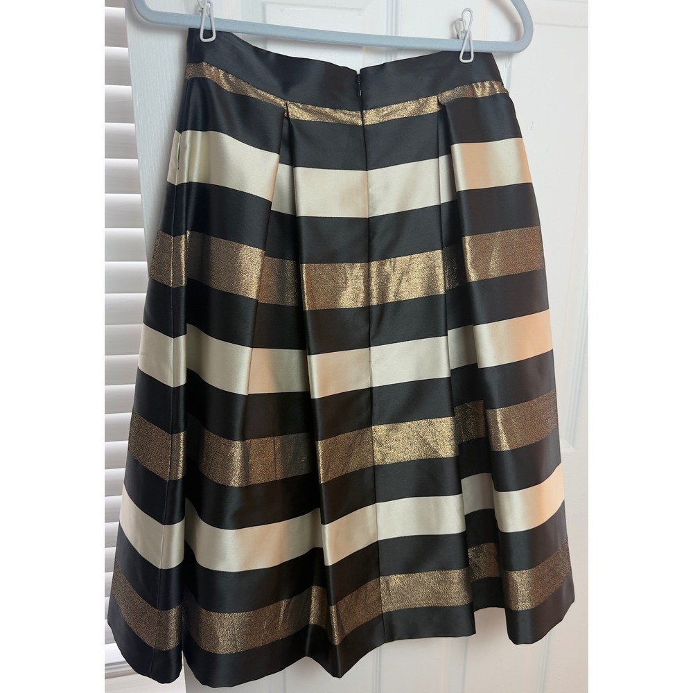 Eliza J‎ Metallic Gold Black Striped Pleated Midi Skirt Size 6 Holiday Party - Picture 6 of 7